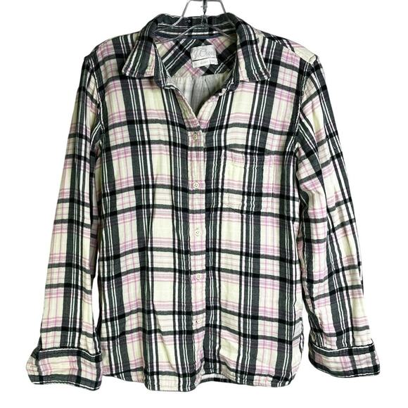 J.CREW Classic Flannel Shirt Womens Sz S Pink Cream Plaid Button Up Long Sleeves - Picture 1 of 8